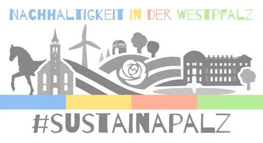 Das Logo zeigt verschiedene Elemente des Klimaschutzes und trägt den Schriftzug: Nachhaltigkeit in der Westpfalz; #Sustainapalz